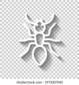 Simple ant, icon or logo. White linear icon with editable stroke and shadow on transparent background