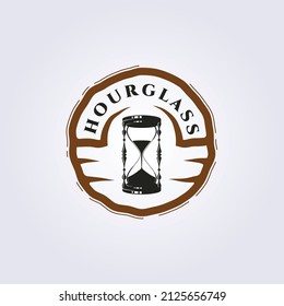 simple antique hourglass badge logo vector illustration design, wood style badge, retro circle badge