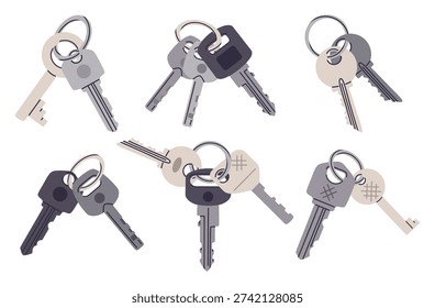 Simple apartment or house door keys. Key bunches, silver door key bunches flat vector illustration set. Cartoon real estate property keys isolated on white background