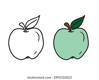 Simple apple drawing with leaf isolated on white background. HAnd drawn vector sketch illustration in doodle engraved vintage line art style. Lunch, tasty fruit, coloring book concept