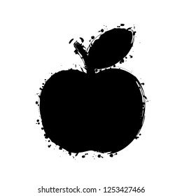 Simple apple icon. Black ink with splashes on white background