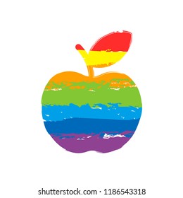 Simple apple icon. Drawing sign with LGBT style, seven colors of rainbow (red, orange, yellow, green, blue, indigo, violet