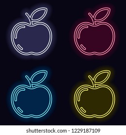 Simple apple icon. Outline silhouette. Set of neon sign. Casino style on dark background.