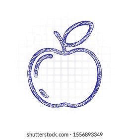 Simple apple icon. Outline silhouette. Hand drawn sketched picture with scribble fill. Blue ink. Doodle on white background