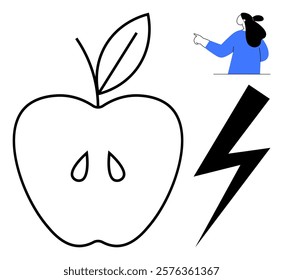 Simple apple outline with leaf and eye shapes inside. A person in blue pointing along with a lightning bolt. Ideal for education health nutrition technology and simplicity themes. Minimalist art