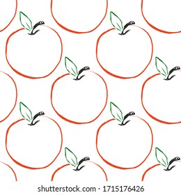 Simple apple pattern. Seamless background with linear red apple with green leaf and black stalk. Vector tile, hand drawn elements.