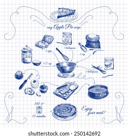 Simple Apple pie recipe. Step by step.Hand drawn illustration with apples, eggs, flour, sugar. Homemade pie, dessert.