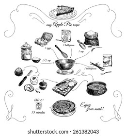 Simple Apple pie recipe. Step by step.Hand drawn illustration with apples, eggs, flour, sugar. Homemade pie, dessert.