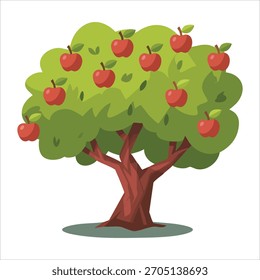 Árbol de manzana simple con hojas verdes y Arte vectorial de frutas rojas aislado sobre fondo blanco