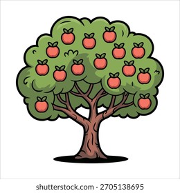 simple apple tree with green leaves and red fruits vector art isolated on white background