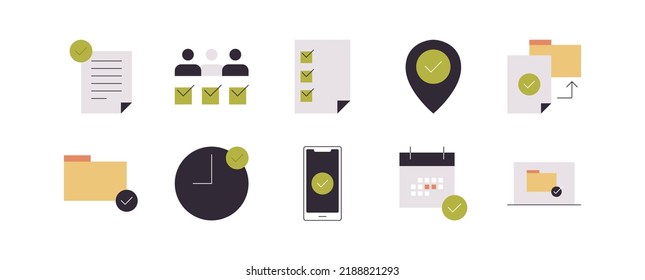 Simple approve related icons and accepted elements infographic tick flat vector illustration.