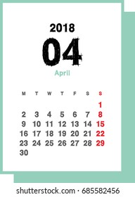 Simple April 2018 calendar. Week starts from Monday.