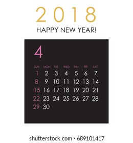 Simple April 2018 calendar. Week starts from Sunday.