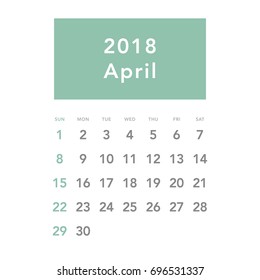 Simple April 2018 calendar. Week starts from Sunday.