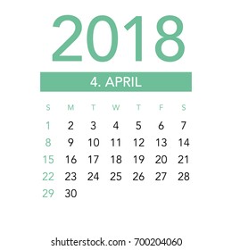 Simple April 2018 calendar. Week starts from Sunday.