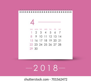 Simple April 2018 calendar. Week starts from Sunday.