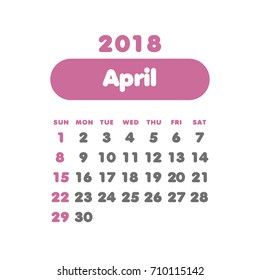 Simple April 2018 calendar. Week starts from Sunday.