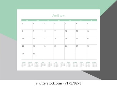 Simple April 2018 calendar. Week starts from Sunday.