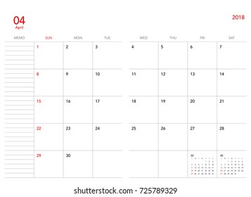 Simple April 2018 calendar. Week starts from Sunday.