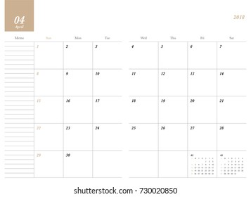 Simple April 2018 calendar. Week starts from Sunday.