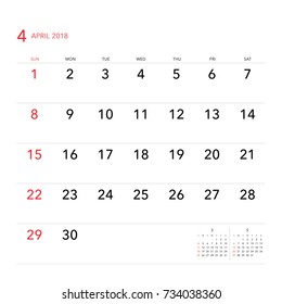 Simple April 2018 calendar. Week starts from Sunday.