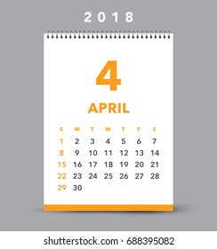 Simple April 2018 desk calendar. Week starts from Sunday.