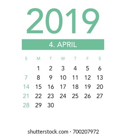 Simple April 2019 calendar. Week starts from Sunday.