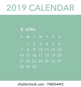 Simple April 2019 calendar. Week starts from Sunday.