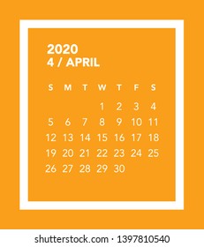 Simple April 2020 calendar. Week starts from Sunday.