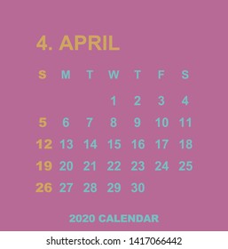 Simple April 2020 calendar. Week starts from Sunday.
