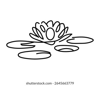 Uma flor aquática simples em estilo de contorno. Ilustração minimalista do vetor de lírio de água. Desenho de linha de um lírio de água com almofadas de lírio em branco.