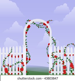 Simple arbor with climbing roses against a sky