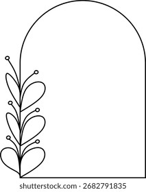 Simple arch frame with line art small sprig of leaves on the top right.