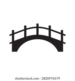 Simple arched bridge silhouette with railings, featuring a minimalist design. Ideal for illustrating pedestrian crossings in parks, gardens, or as a clean, recognizable navigational icon. Versatile for various graphic needs.