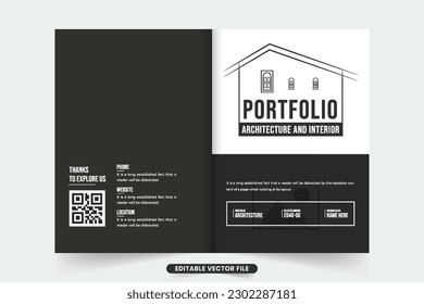 Perfil de arquitecto sencillo y diseño de portafolio con colores oscuros y blancos. Moderna portada de revista promocional para arquitectos con marcadores de foto. Folleto sobre arquitectura inmobiliaria.