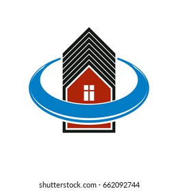 Simple architectural construction, house abstract vector symbol, can be used for branding in insurance, real estate business and engineering. Design element.