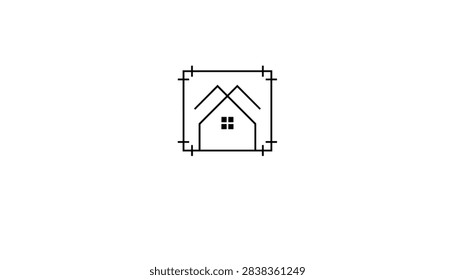 Simple architectural line art logo featuring the outline of a house roof with a window inside a square frame for real estate.