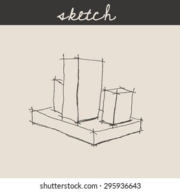simple architecture construction drawing, in engraving etching sketch hand drawing style