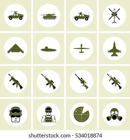 Simple army icons set. Universal army icons to use for web and mobile UI, set of basic army elements