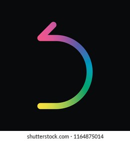 Simple arrow, backward. Linear, thin outline. Rainbow color and dark background