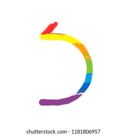 Simple arrow, backward. Linear, thin outline. Drawing sign with LGBT style, seven colors of rainbow (red, orange, yellow, green, blue, indigo, violet