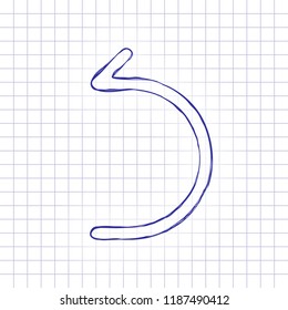 Simple arrow, backward. Linear, thin outline. Hand drawn picture on paper sheet. Blue ink, outline sketch style. Doodle on checkered background