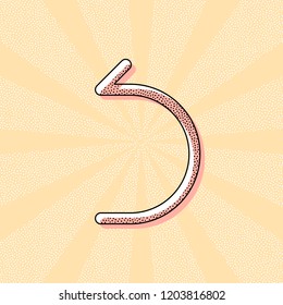 Simple arrow, backward. Linear, thin outline. Vintage retro typography with offset printing effect. Dots poster with comics pop art background