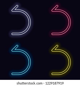 Simple arrow, backward. Linear, thin outline. Set of neon sign. Casino style on dark background