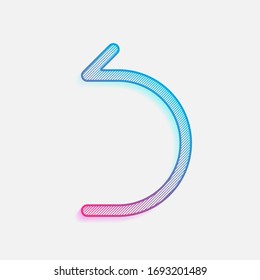 Simple arrow, backward. Linear, thin outline. Colored logo with diagonal lines and blue-red gradient. Neon graphic, light effect