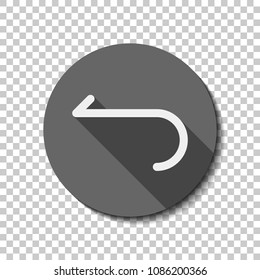 Simple arrow, backward. Navigation icon. Linear symbol with thin line. One line style. White flat icon with long shadow in circle on transparent background. Badge or sticker style