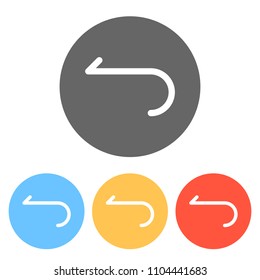 Simple arrow, backward. Navigation icon. Linear symbol with thin line. One line style. Set of white icons on colored circles