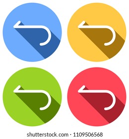 Simple arrow, backward. Navigation icon. Linear symbol with thin line. One line style. Set of white icons with long shadow on blue, orange, green and red colored circles. Sticker style