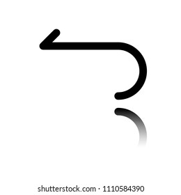 Simple arrow, backward. Navigation icon. Linear symbol with thin line. One line style. Black icon with mirror reflection on white background