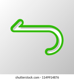 Simple arrow, backward. Navigation icon. Linear symbol with thin line. One line style. Paper style. Cut symbol with green bold contour on shape and simple shadow